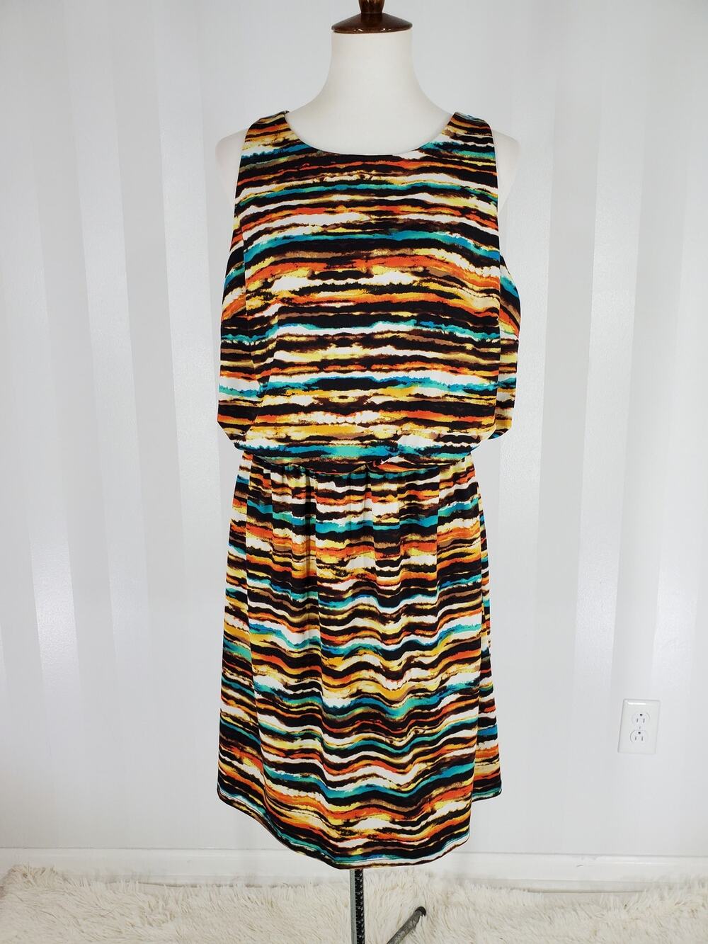 Wishes Wishes Wishes Multicolor Abstract Stripe Blouson Dress Sz 1X NO BELT
